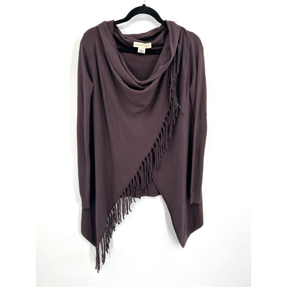 LOVESTITCH Brown Purple Fringe Super Soft Boho Wrap Cardigan Sweater Size Small